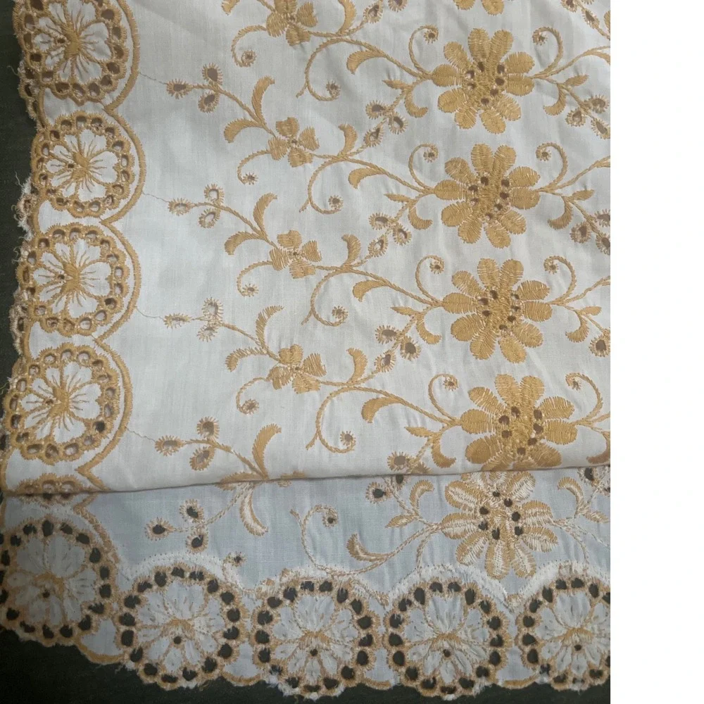 Vtg Embroidered Dresser Scarf Table Runner Ecru Eyelet  16x28 gold Yellow Floral